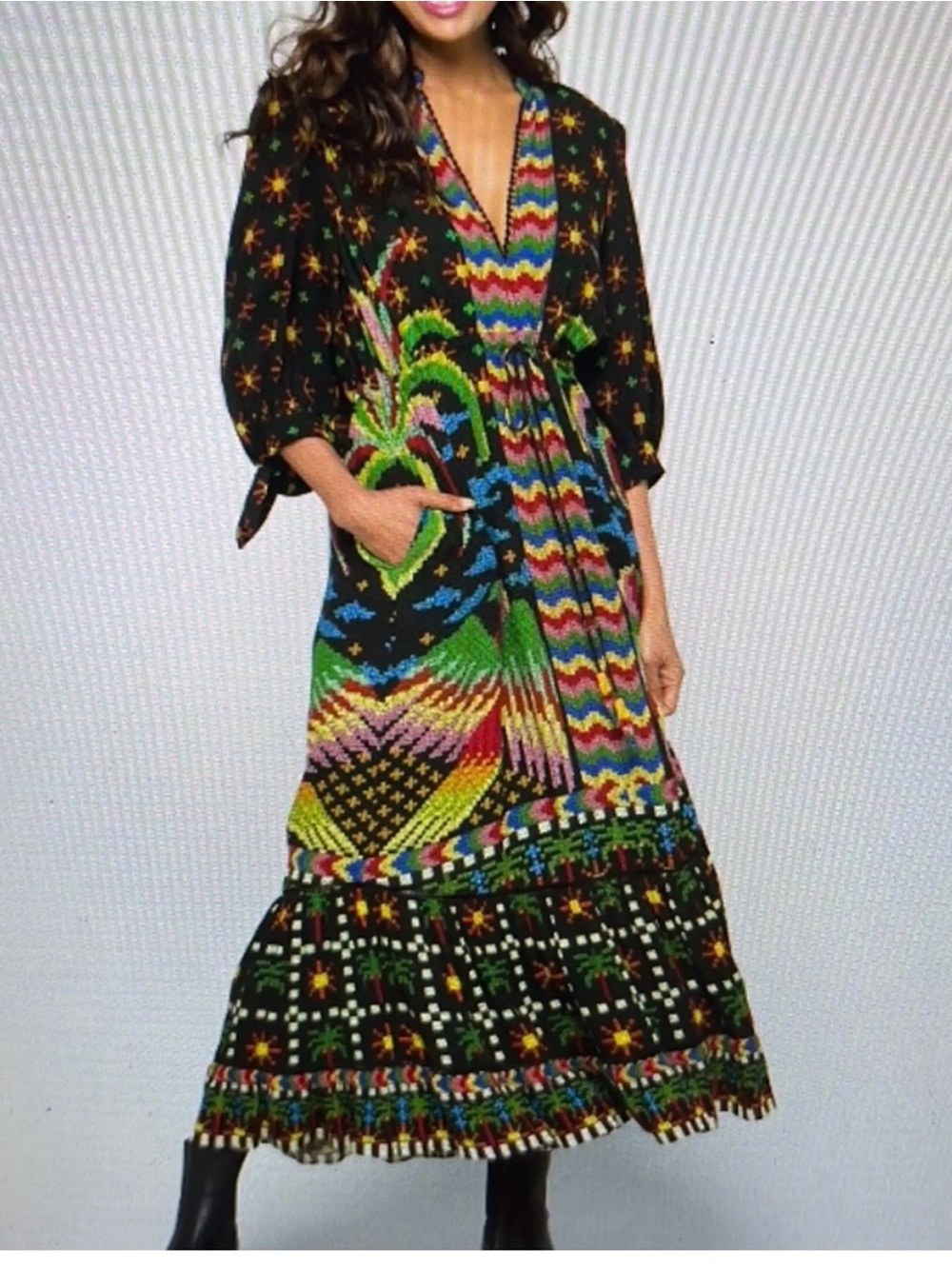 Farm Rio Macaw Night Maxi Dress Womens XS Black Multi Tropical Boho